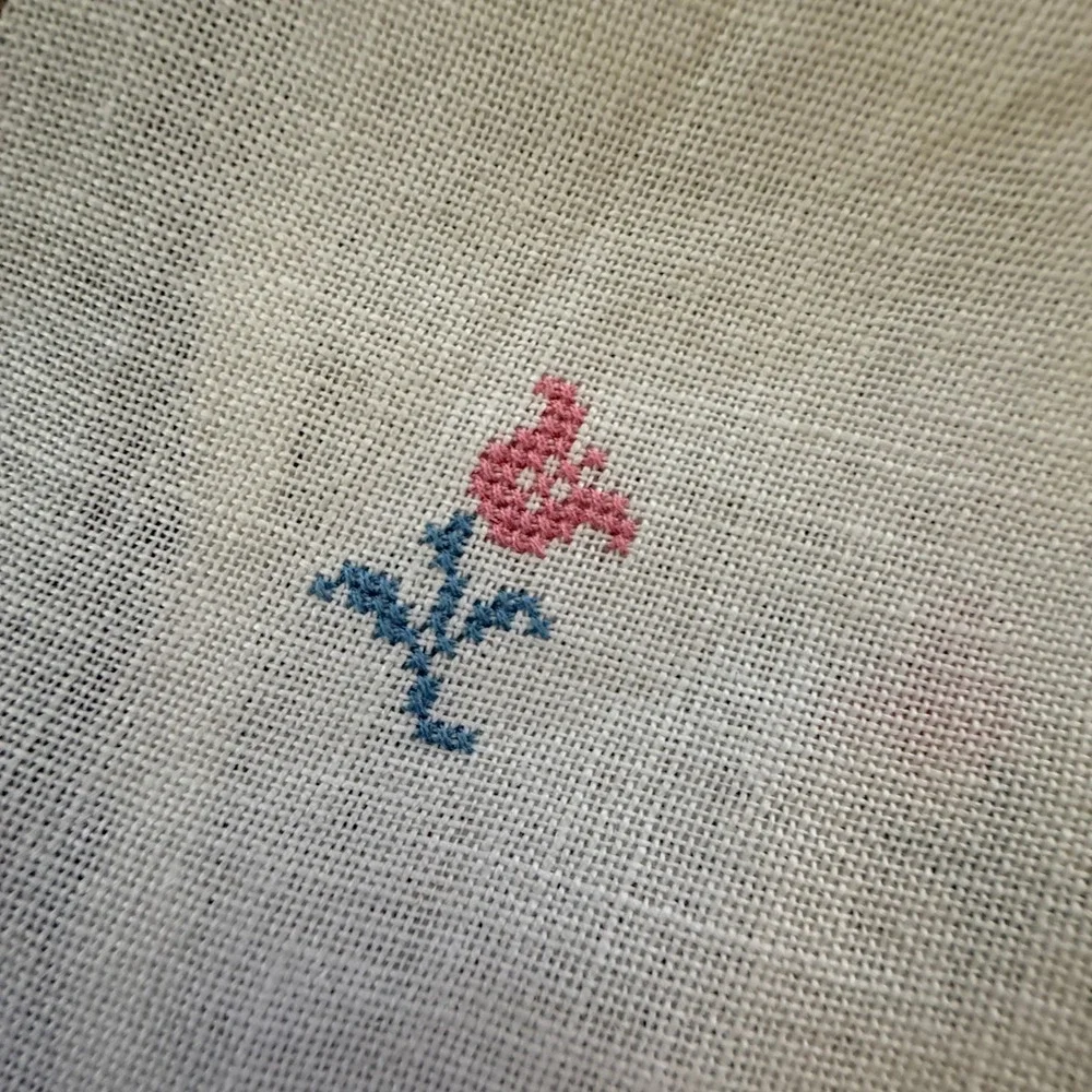Vintage Cross Stitch Linen Table Runner Blue Pink Floral Bird Fringed Trim